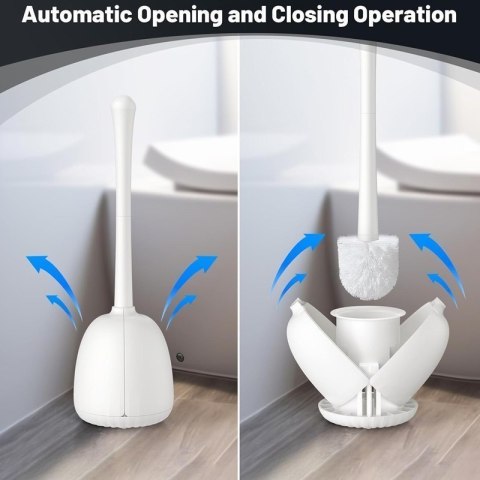 Szczotka do WC z zamkniętą podstawą, biała, plastikowa, wolnostojąca, nowoczesny design, higieniczne przechowywanie. Szczotka do WC z zamkniętą podstawą, biała, plastikowa, wolnostojąca, nowoczesny design, higieniczne przechowywanie.