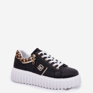 Black Leopard Platform Sneakers ZARIA Women’s Chunky Low-Top Gold Detail EU 36–40