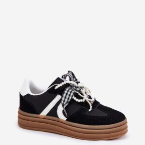 Black Platform Sneakers RIVIA Women’s Pearl Bow Laces Retro Low-Top EU 36–40