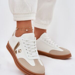 LIVIA Women’s Sneakers – Beige & Gold, Gum Sole, Metallic Logo, Sizes 36–40