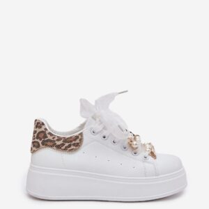 LYRA Unisex Platform Sneakers – White, Animal Print, Pearl Charms, Sizes 36–40