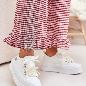LUNA Women’s Platform Sneakers – White, Pearl Bow Detail, High Sole, Sizes 36–40