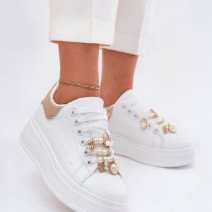 ARIA Unisex Platform Sneakers – White, Gold Detail, Pearl Charms, Sizes 36–40